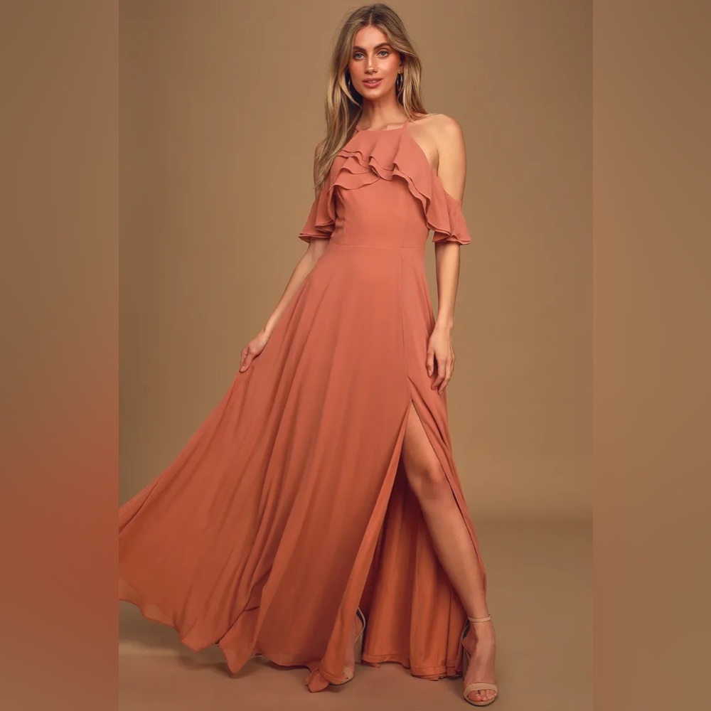 Lulu’s Stun & Only sz S Rose Ruffled Off-the-Shoulder Maxi Dress Wedding Pink